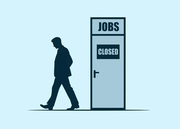 Illustration of man standing in front of a building that says 'Jobs Close'