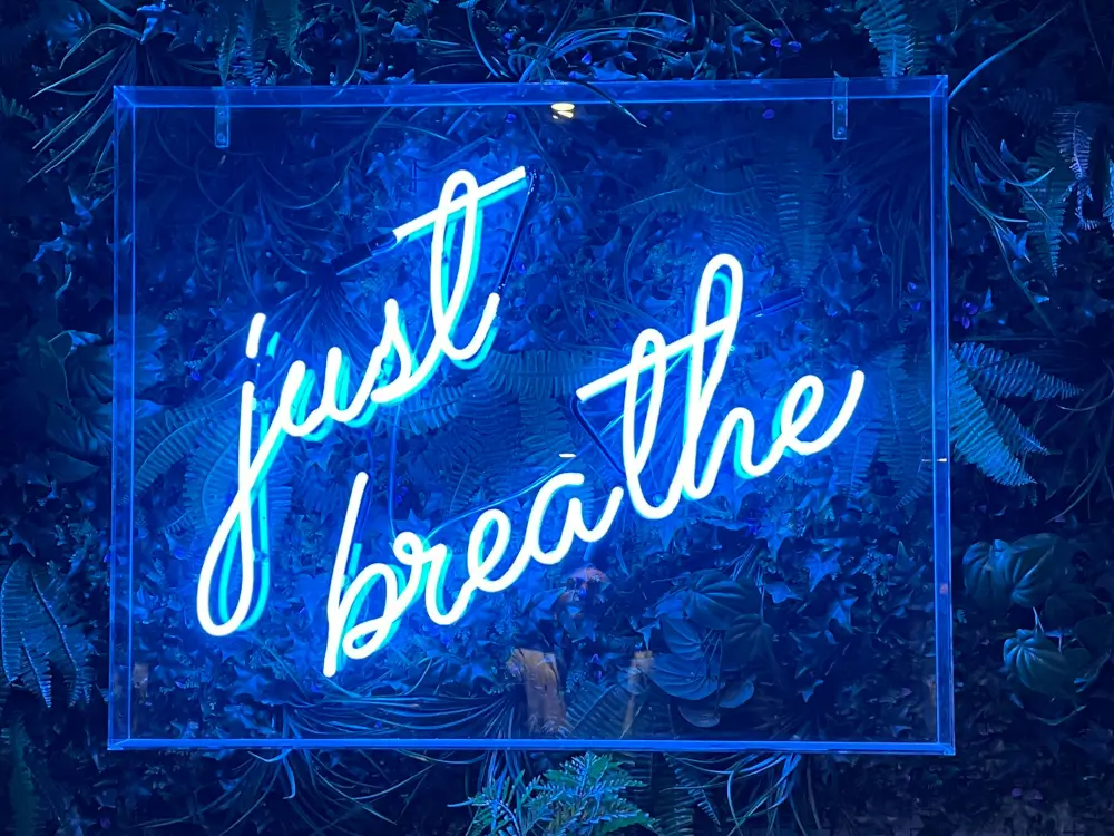 neon style sign saying 'Just Breathe'