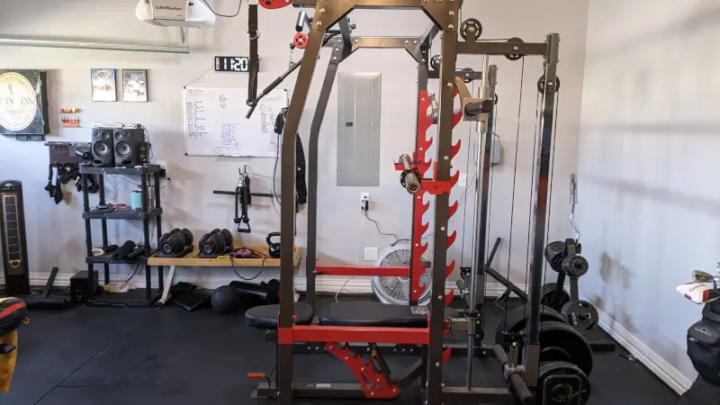 gym equipment in a garage